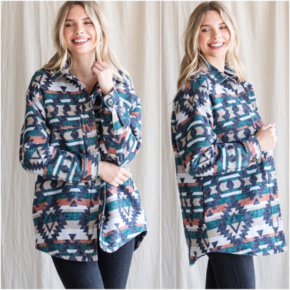 New LAST1️⃣ Women’s Lined Trendy Button Down Shacket Jacket, Aztec Print - Picture 2 of 3